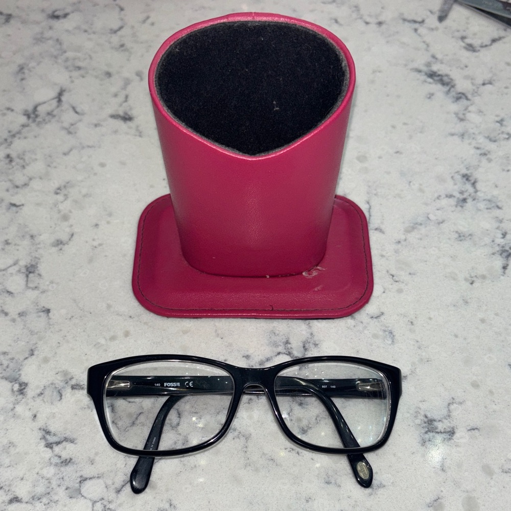 Fossil women’s Black Glasses with Pink nightstand Holder